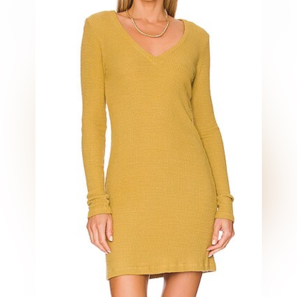 NWT New with Tags MONROW Brushed Thermal Deep V Mini Dress Golden Olive